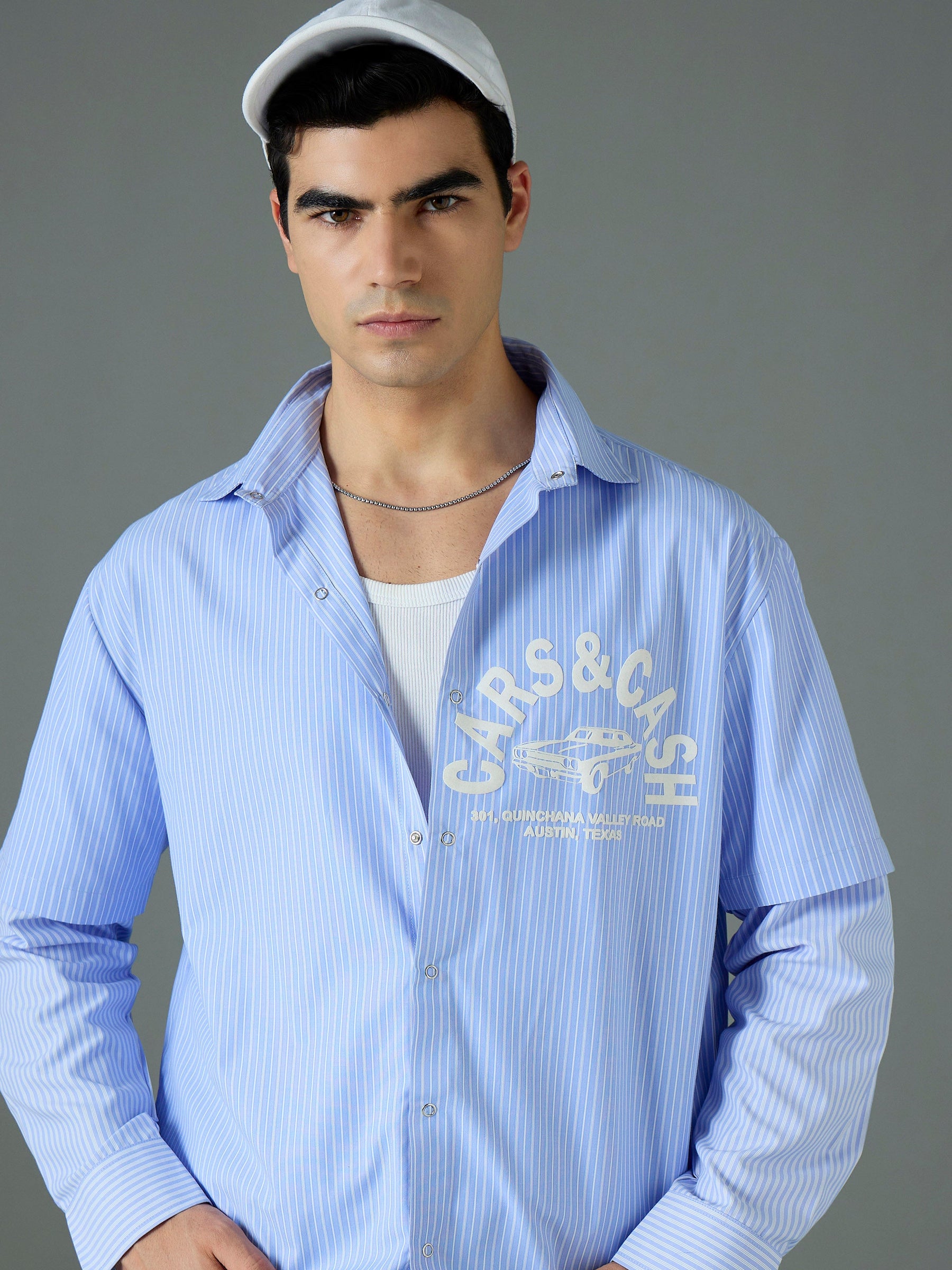 White & Blue CARS & CASH Relax Fit Shirt-MASCLN SASSAFRAS