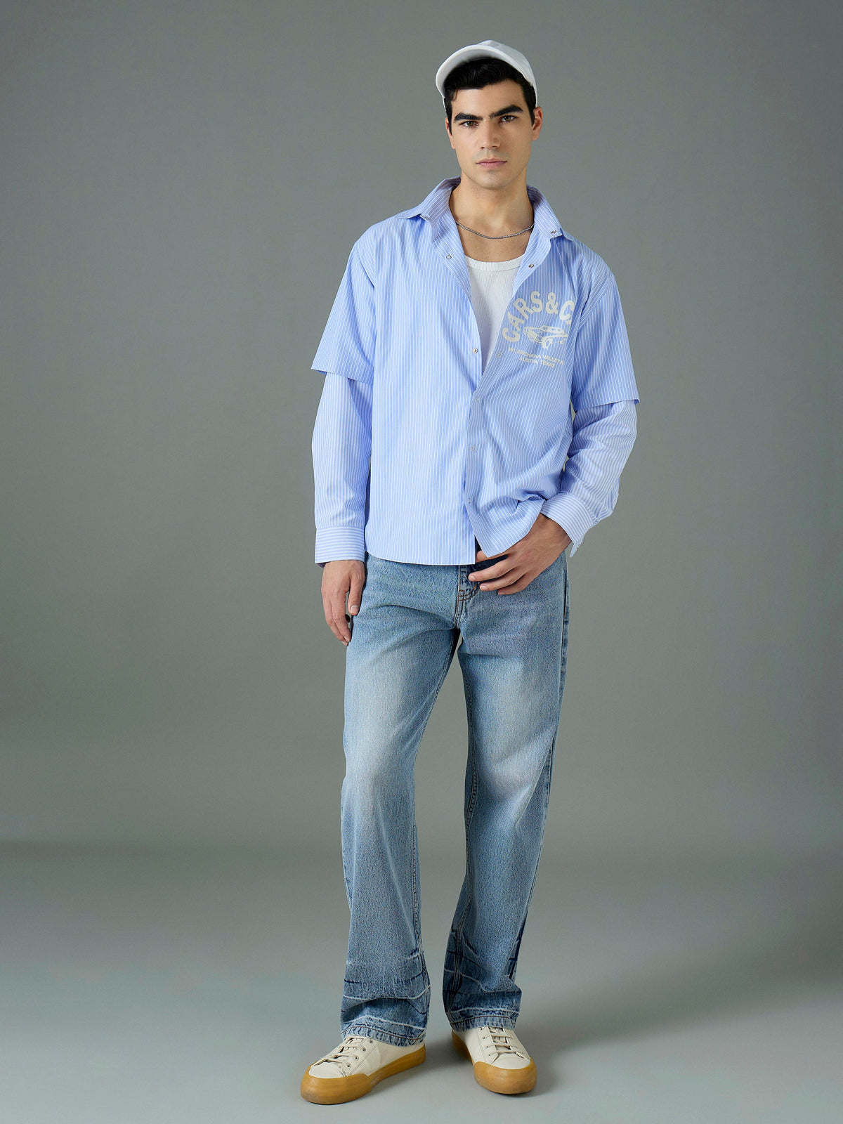 White & Blue CARS & CASH Relax Fit Shirt-MASCLN SASSAFRAS