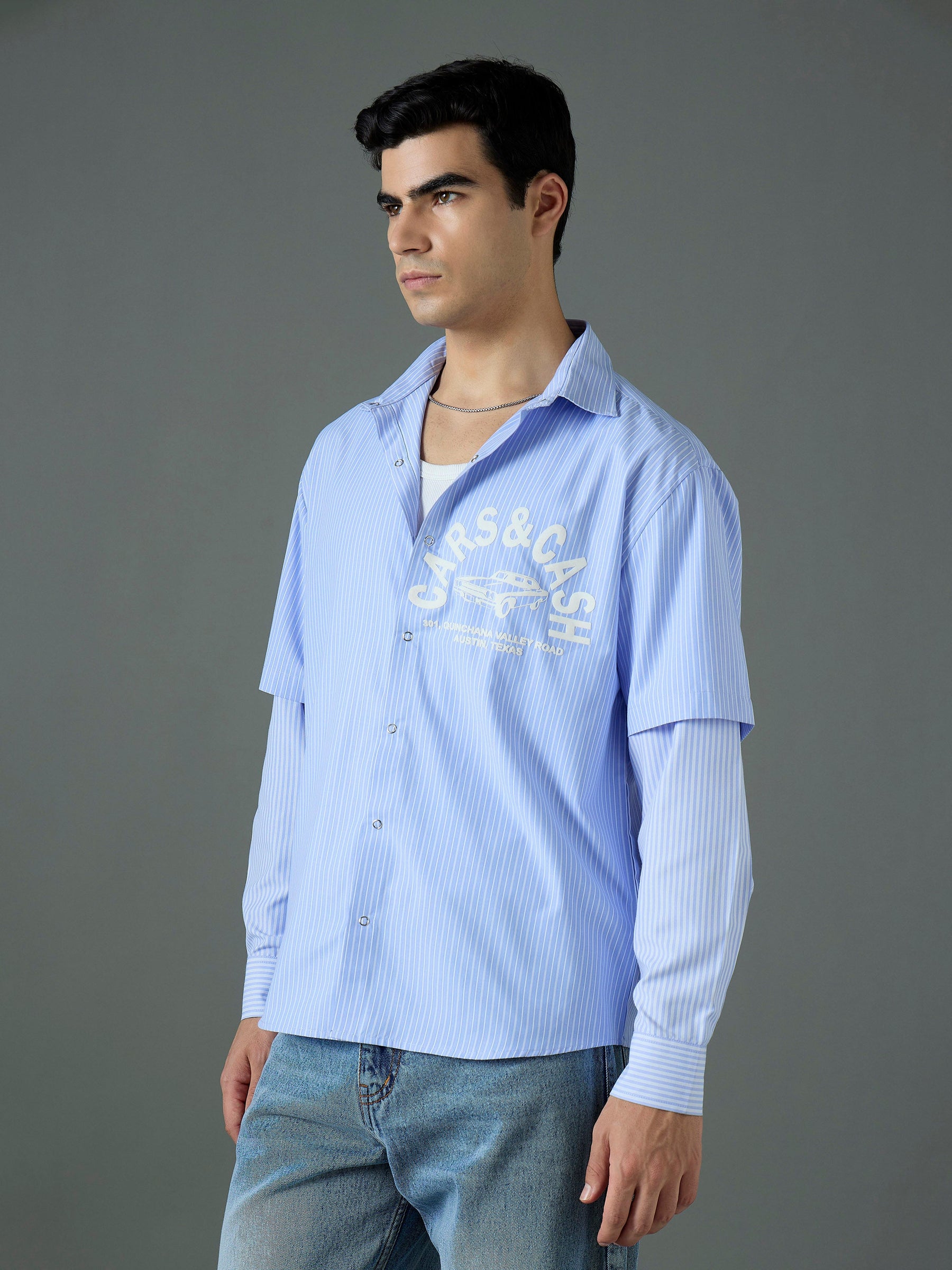 White & Blue CARS & CASH Relax Fit Shirt-MASCLN SASSAFRAS