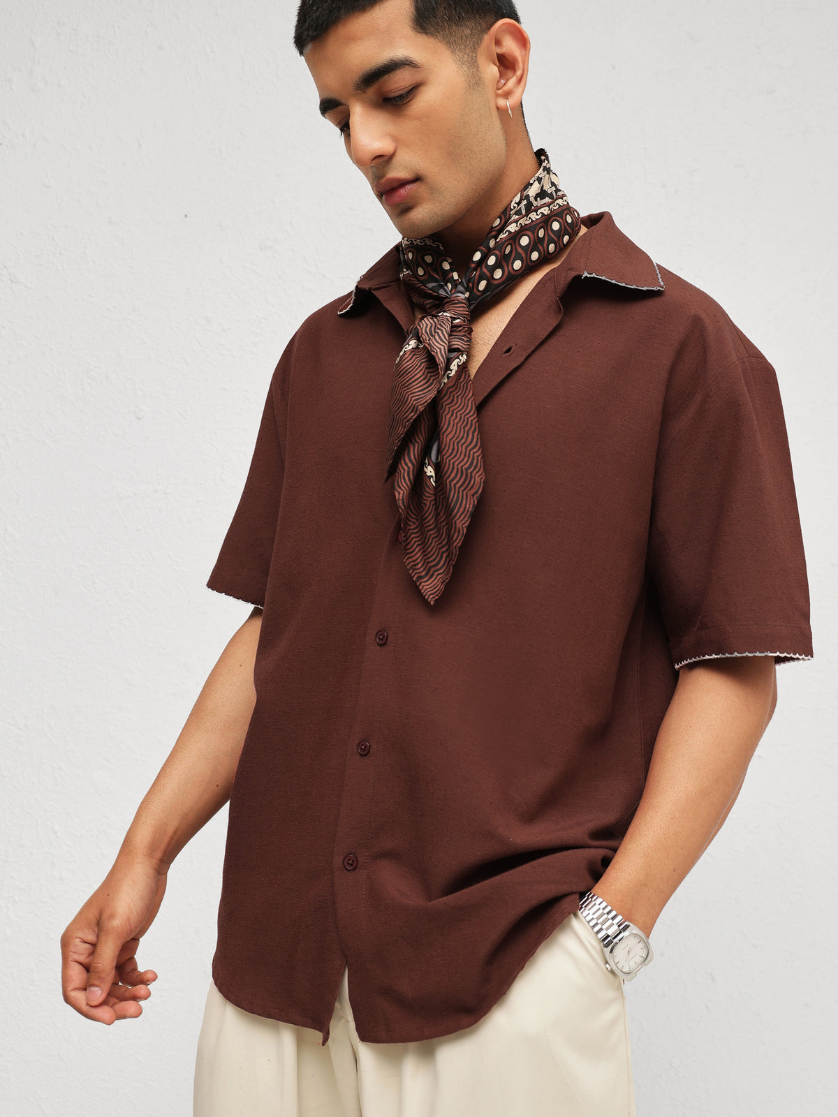 Brown Linen Thread Detail Relax Fit Short Sleeve Shirt-MASCLN SASSAFRAS