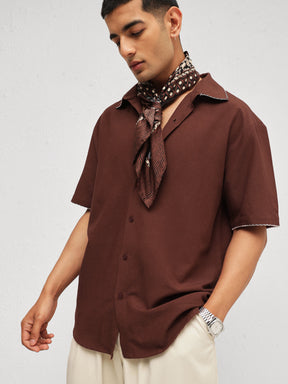 Brown Linen Thread Detail Relax Fit Short Sleeve Shirt-MASCLN SASSAFRAS