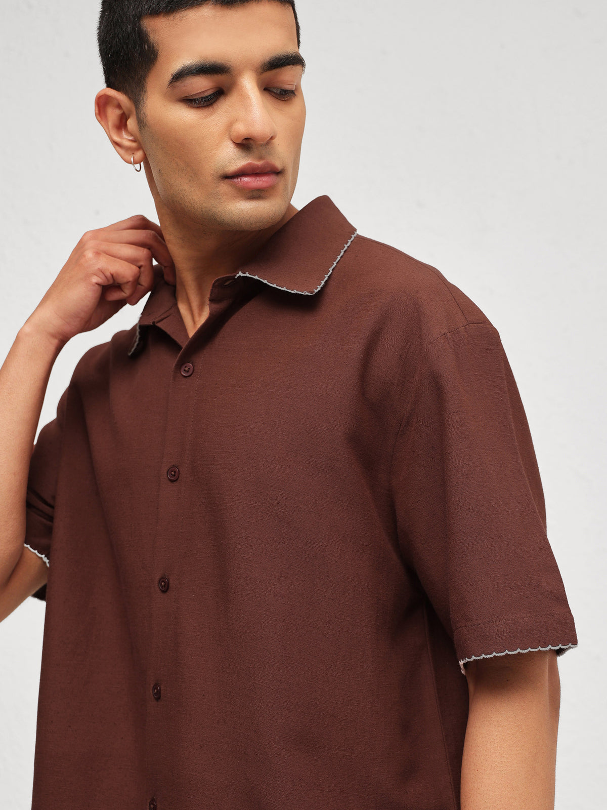 Brown Linen Thread Detail Relax Fit Short Sleeve Shirt-MASCLN SASSAFRAS