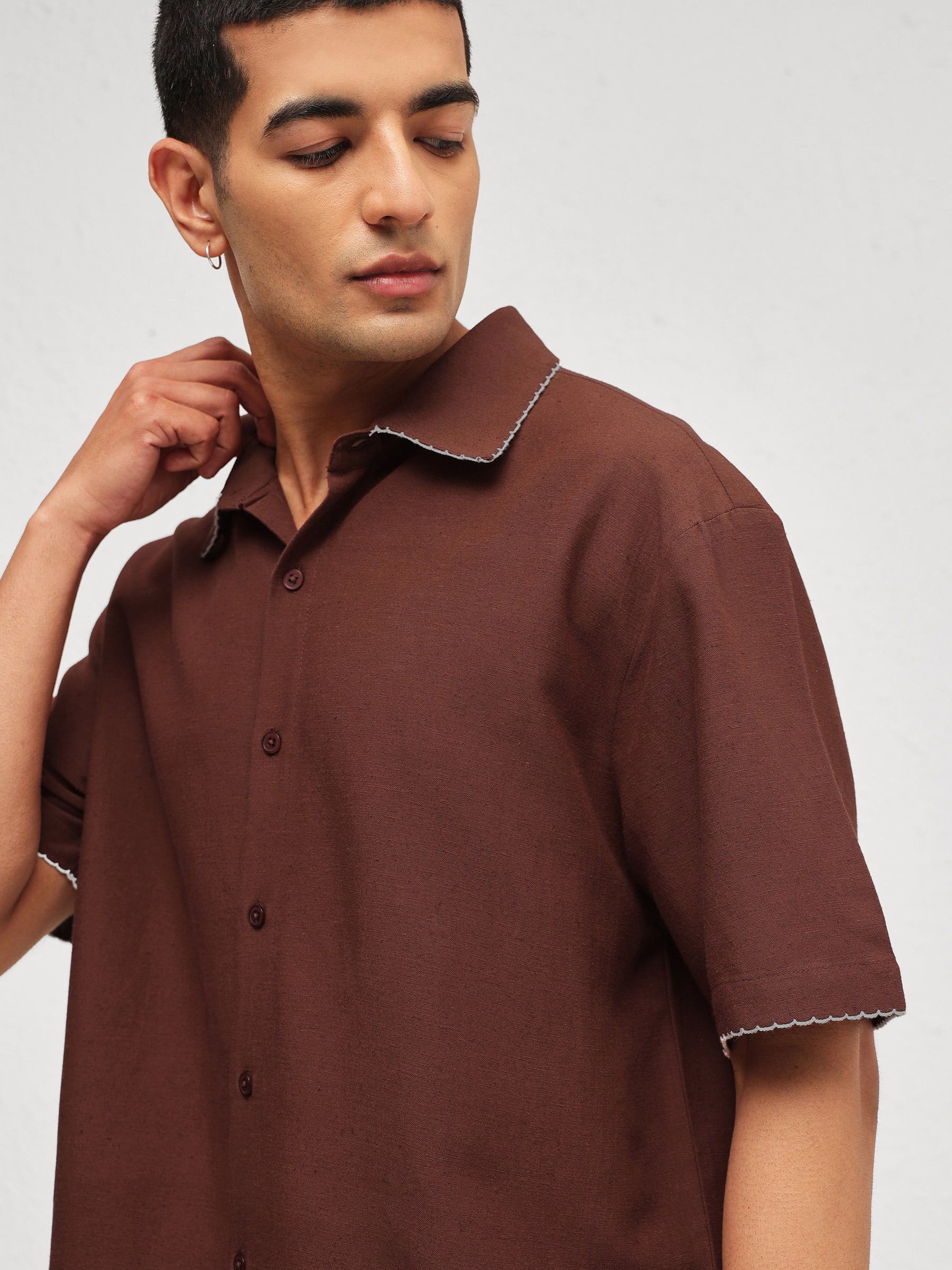 Brown Linen Thread Detail Relax Fit Short Sleeve Shirt-MASCLN SASSAFRAS