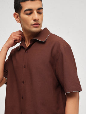 Brown Linen Thread Detail Relax Fit Short Sleeve Shirt-MASCLN SASSAFRAS