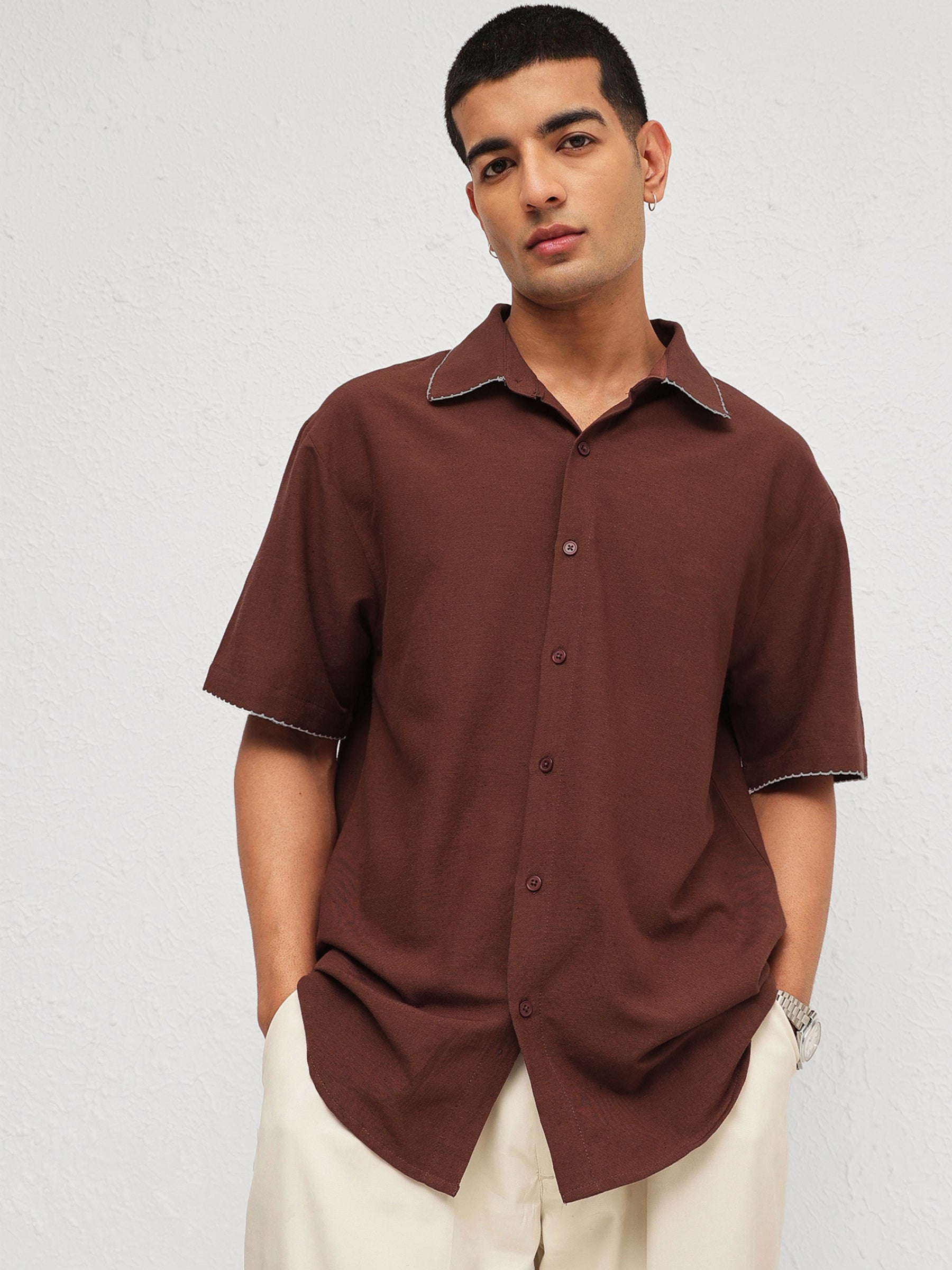 Brown Linen Thread Detail Relax Fit Short Sleeve Shirt-MASCLN SASSAFRAS