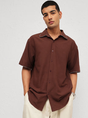 Brown Linen Thread Detail Relax Fit Short Sleeve Shirt-MASCLN SASSAFRAS