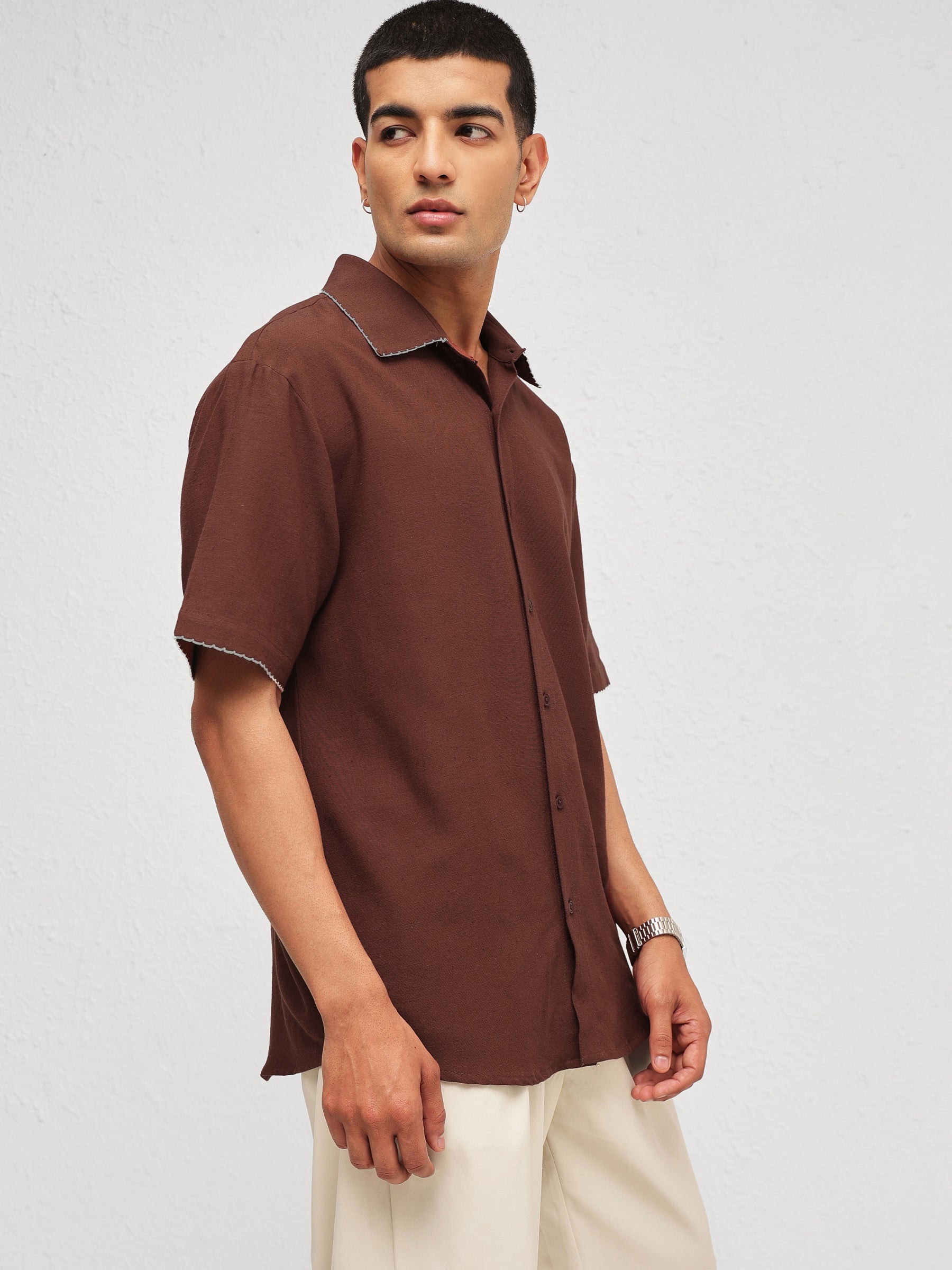 Brown Linen Thread Detail Relax Fit Short Sleeve Shirt-MASCLN SASSAFRAS