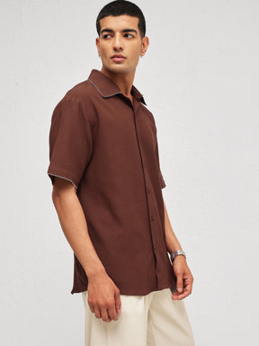 Brown Linen Thread Detail Relax Fit Short Sleeve Shirt-MASCLN SASSAFRAS