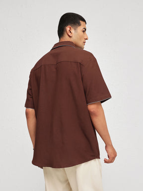 Brown Linen Thread Detail Relax Fit Short Sleeve Shirt-MASCLN SASSAFRAS