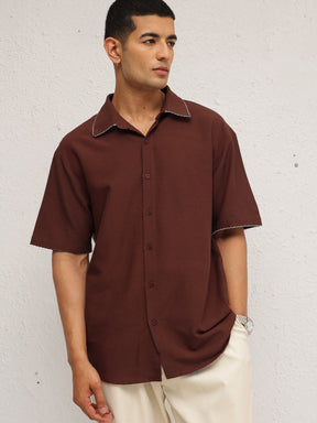 Men Brown Linen Thread Detail Relax Fit Short Sleeve Shirt