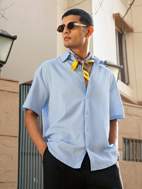 Blue Linen Thread Detail Relax Fit Short Sleeve Shirt-MASCLN SASSAFRAS