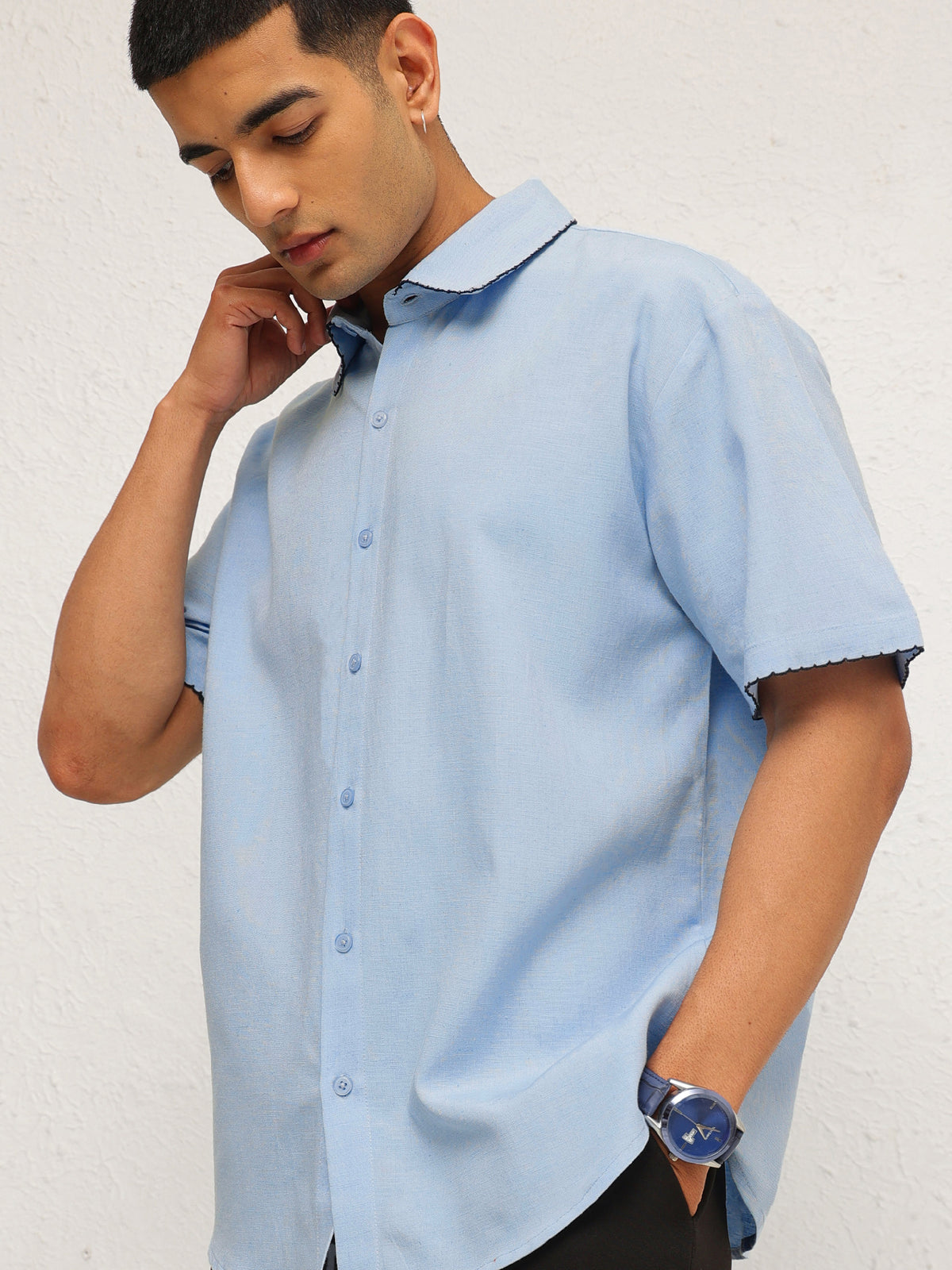 Blue Linen Thread Detail Relax Fit Short Sleeve Shirt-MASCLN SASSAFRAS