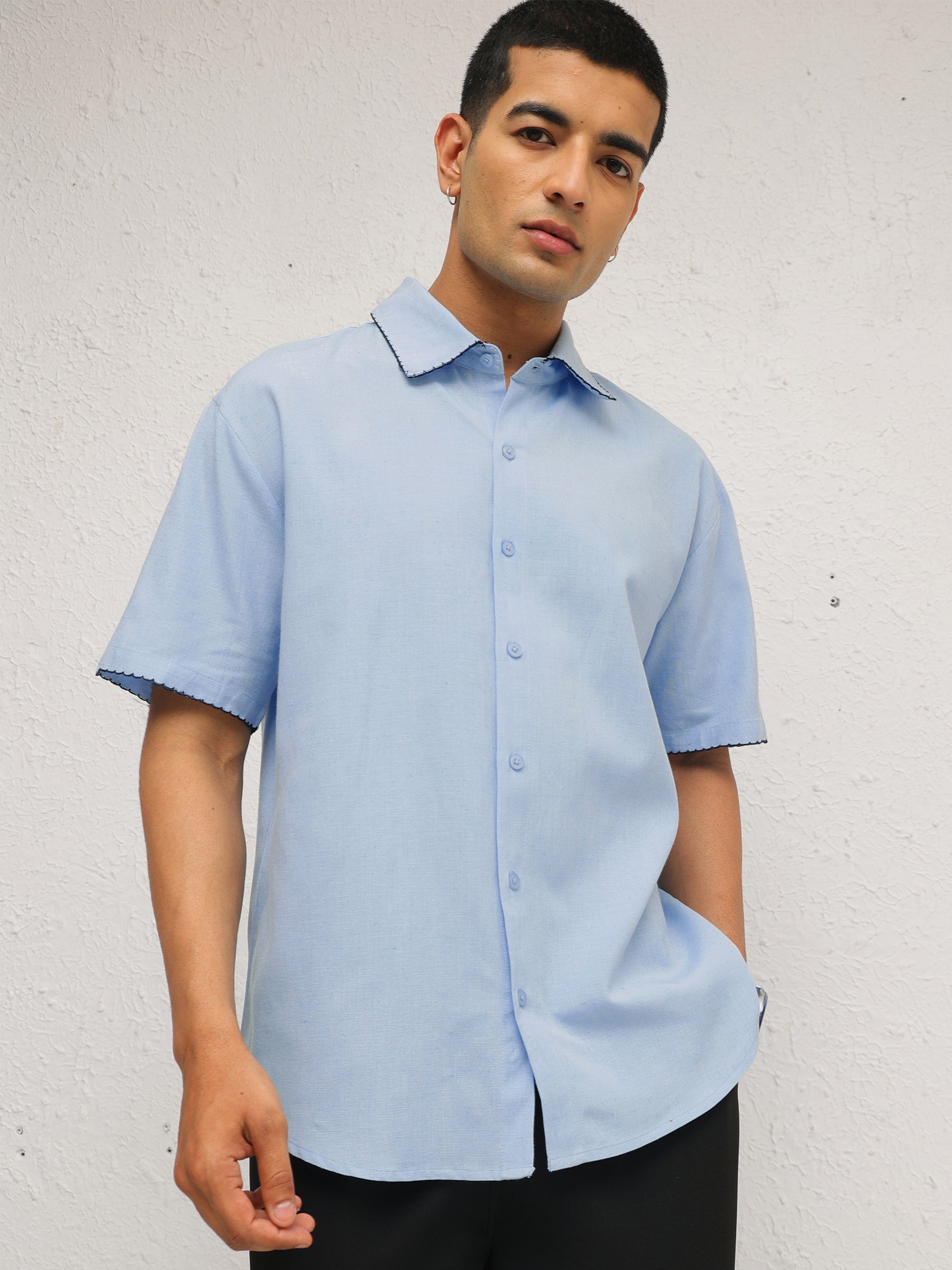 Blue Linen Thread Detail Relax Fit Short Sleeve Shirt-MASCLN SASSAFRAS