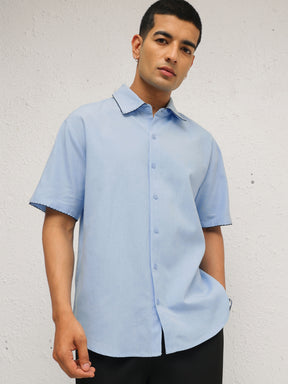 Blue Linen Thread Detail Relax Fit Short Sleeve Shirt-MASCLN SASSAFRAS