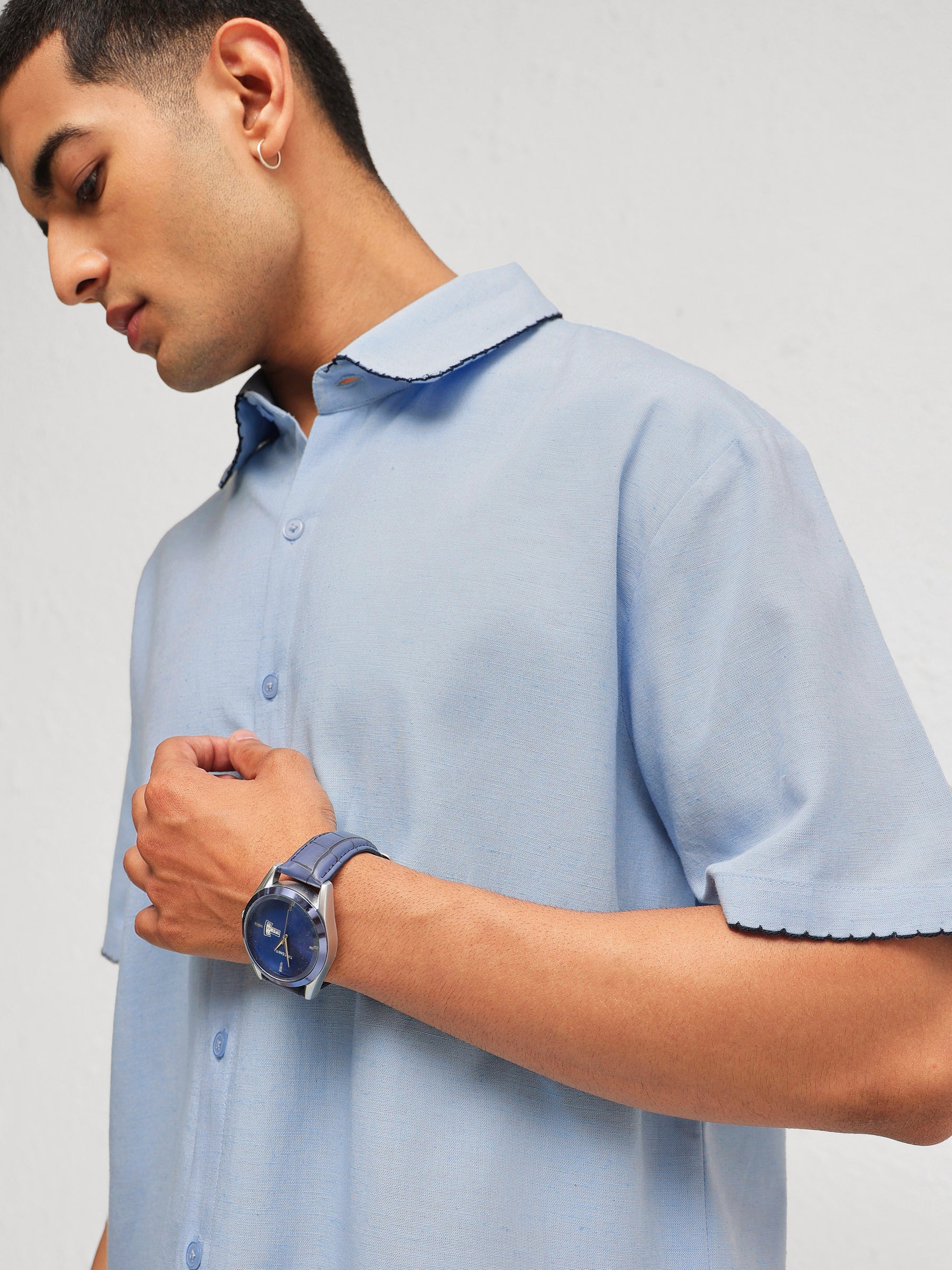 Blue Linen Thread Detail Relax Fit Short Sleeve Shirt-MASCLN SASSAFRAS