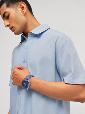 Blue Linen Thread Detail Relax Fit Short Sleeve Shirt-MASCLN SASSAFRAS