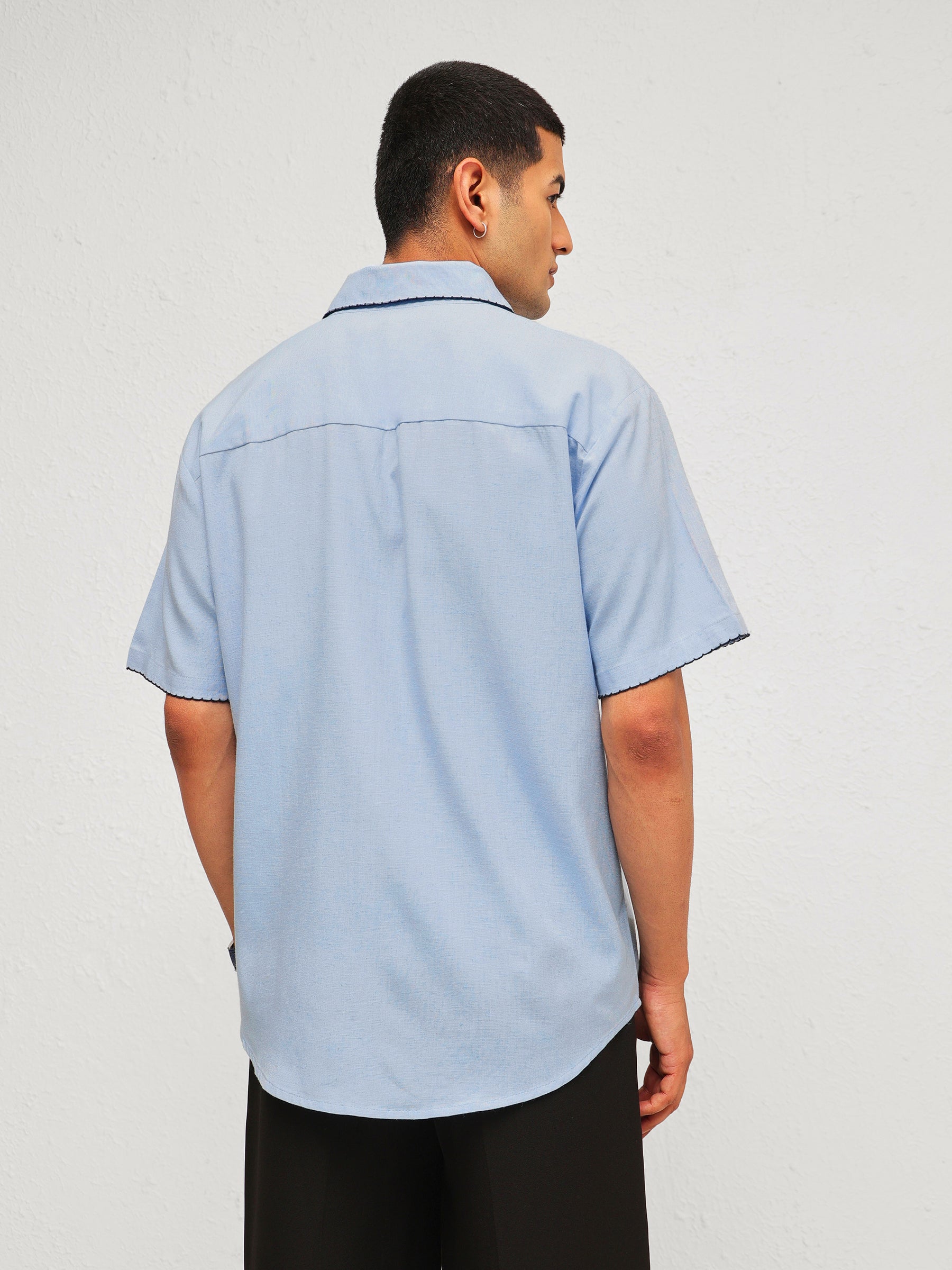 Blue Linen Thread Detail Relax Fit Short Sleeve Shirt-MASCLN SASSAFRAS