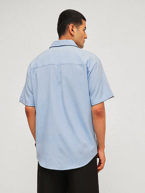 Blue Linen Thread Detail Relax Fit Short Sleeve Shirt-MASCLN SASSAFRAS