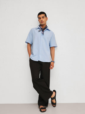 Men Blue Linen Thread Detail Relax Fit Short Sleeve Shirt