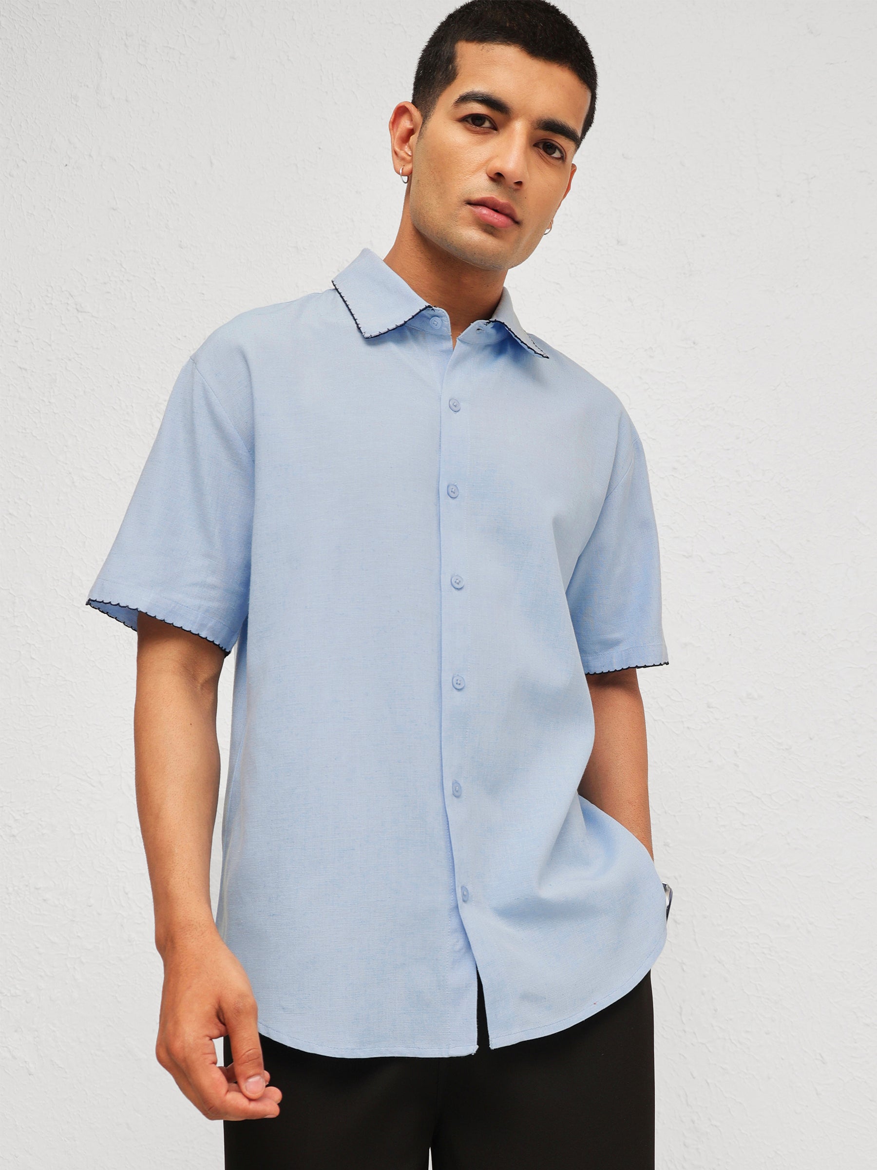 Men Blue Linen Thread Detail Relax Fit Short Sleeve Shirt