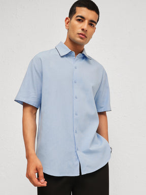Men Blue Linen Thread Detail Relax Fit Short Sleeve Shirt