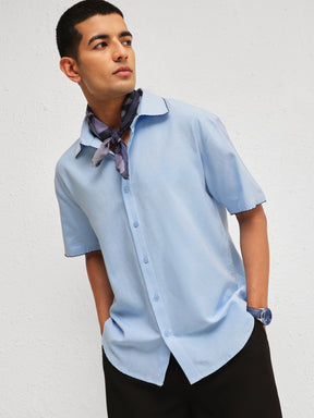 Men Blue Linen Thread Detail Relax Fit Short Sleeve Shirt