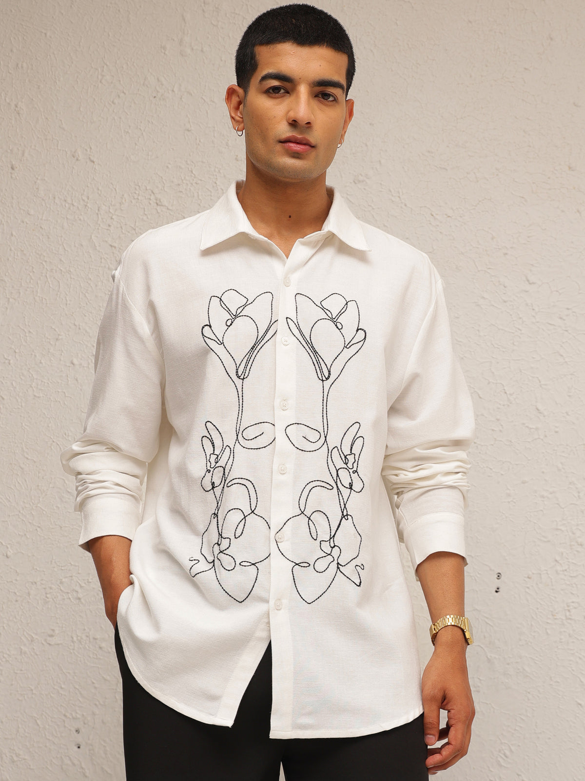 White Linen Flower Embroidery Relax Fit Full Sleeve Shirt-MASCLN SASSAFRAS