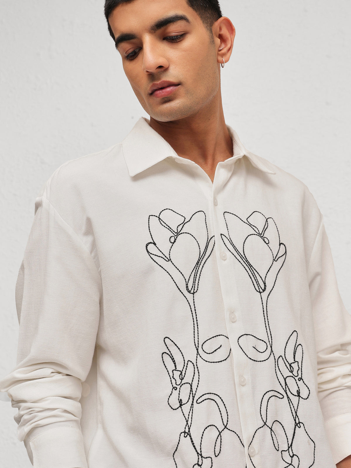 White Linen Flower Embroidery Relax Fit Full Sleeve Shirt-MASCLN SASSAFRAS