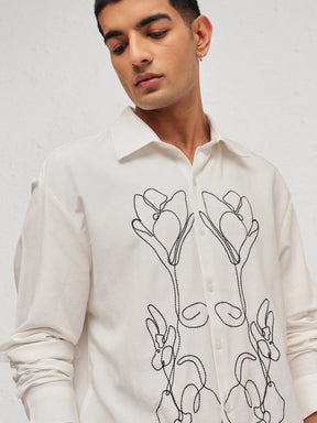 White Linen Flower Embroidery Relax Fit Full Sleeve Shirt-MASCLN SASSAFRAS