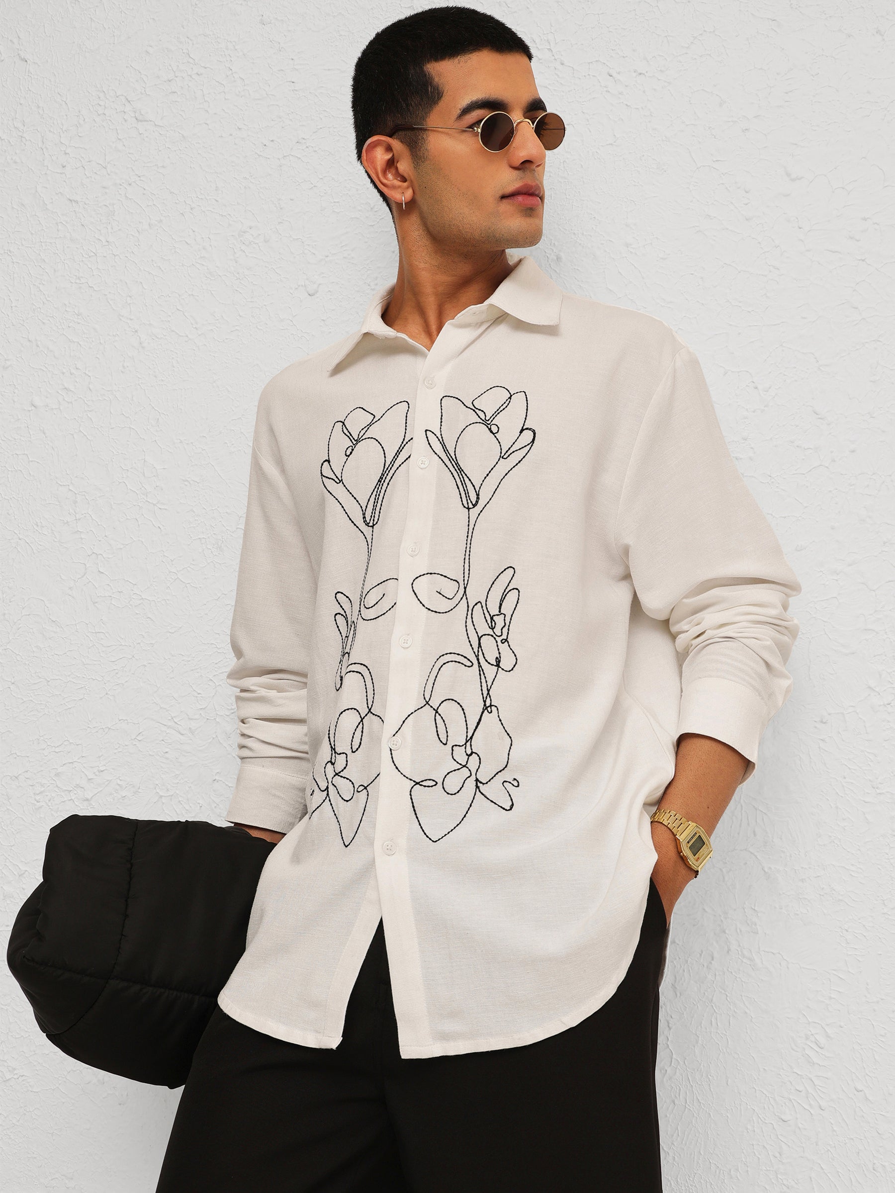 White Linen Flower Embroidery Relax Fit Full Sleeve Shirt-MASCLN SASSAFRAS