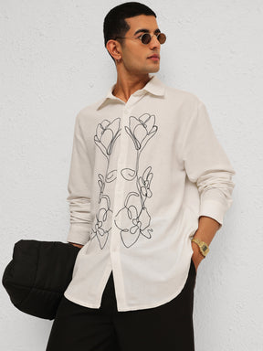 White Linen Flower Embroidery Relax Fit Full Sleeve Shirt-MASCLN SASSAFRAS