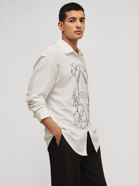 White Linen Flower Embroidery Relax Fit Full Sleeve Shirt-MASCLN SASSAFRAS