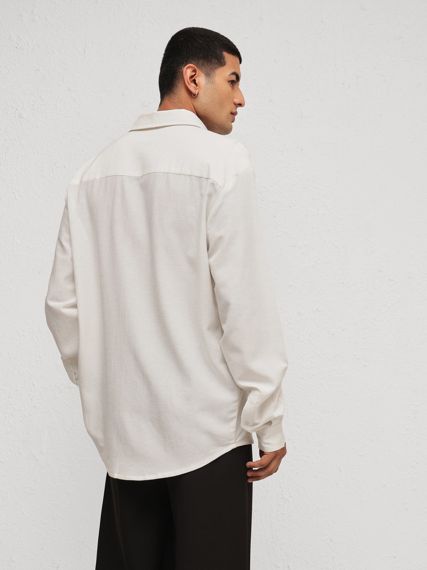 White Linen Flower Embroidery Relax Fit Full Sleeve Shirt-MASCLN SASSAFRAS