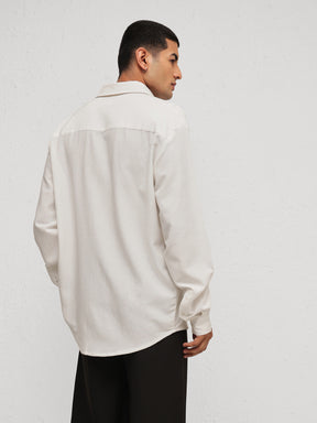 White Linen Flower Embroidery Relax Fit Full Sleeve Shirt-MASCLN SASSAFRAS