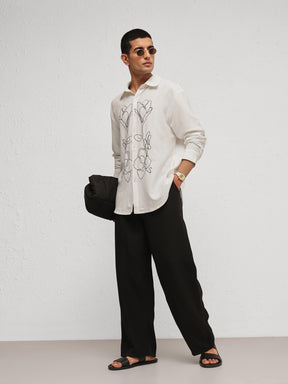Men White Linen Flower Embroidery Relax Fit Full Sleeve Shirt