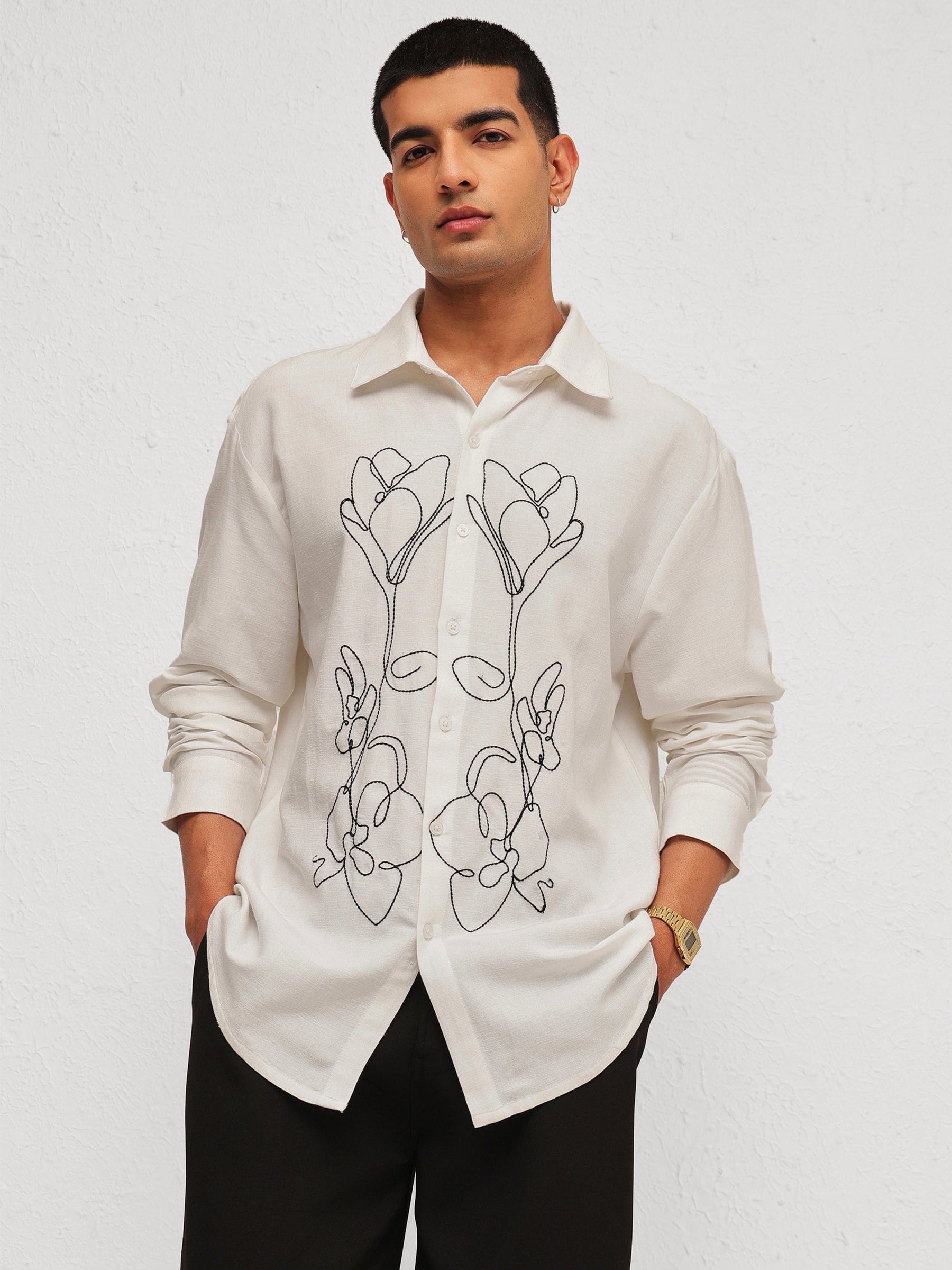 Men White Linen Flower Embroidery Relax Fit Full Sleeve Shirt