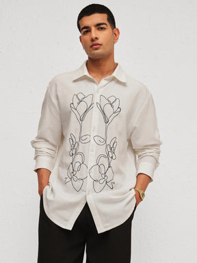 Men White Linen Flower Embroidery Relax Fit Full Sleeve Shirt