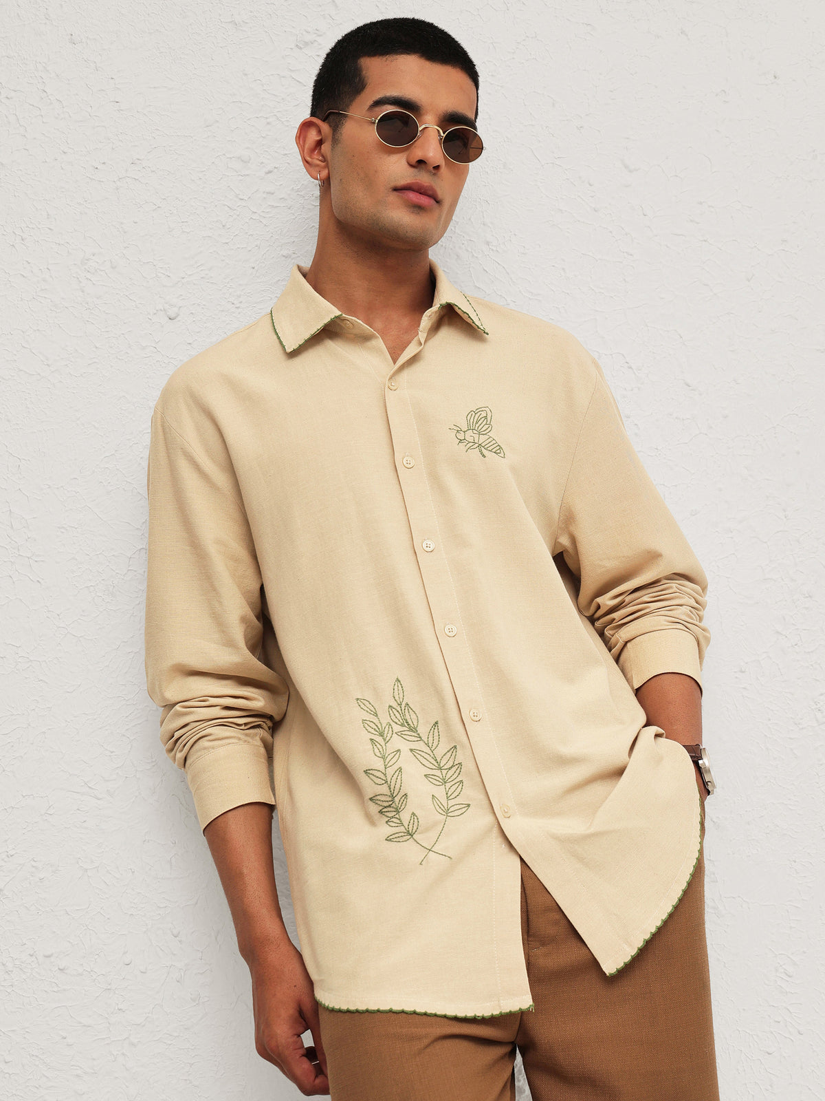 Beige Linen BUG Embroidery Relax Fit Full Sleeve Shirt-MASCLN SASSAFRAS