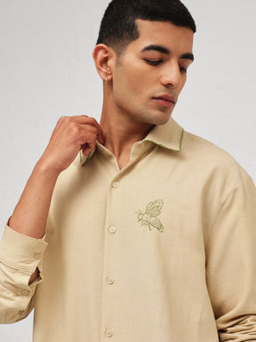 Beige Linen BUG Embroidery Relax Fit Full Sleeve Shirt-MASCLN SASSAFRAS