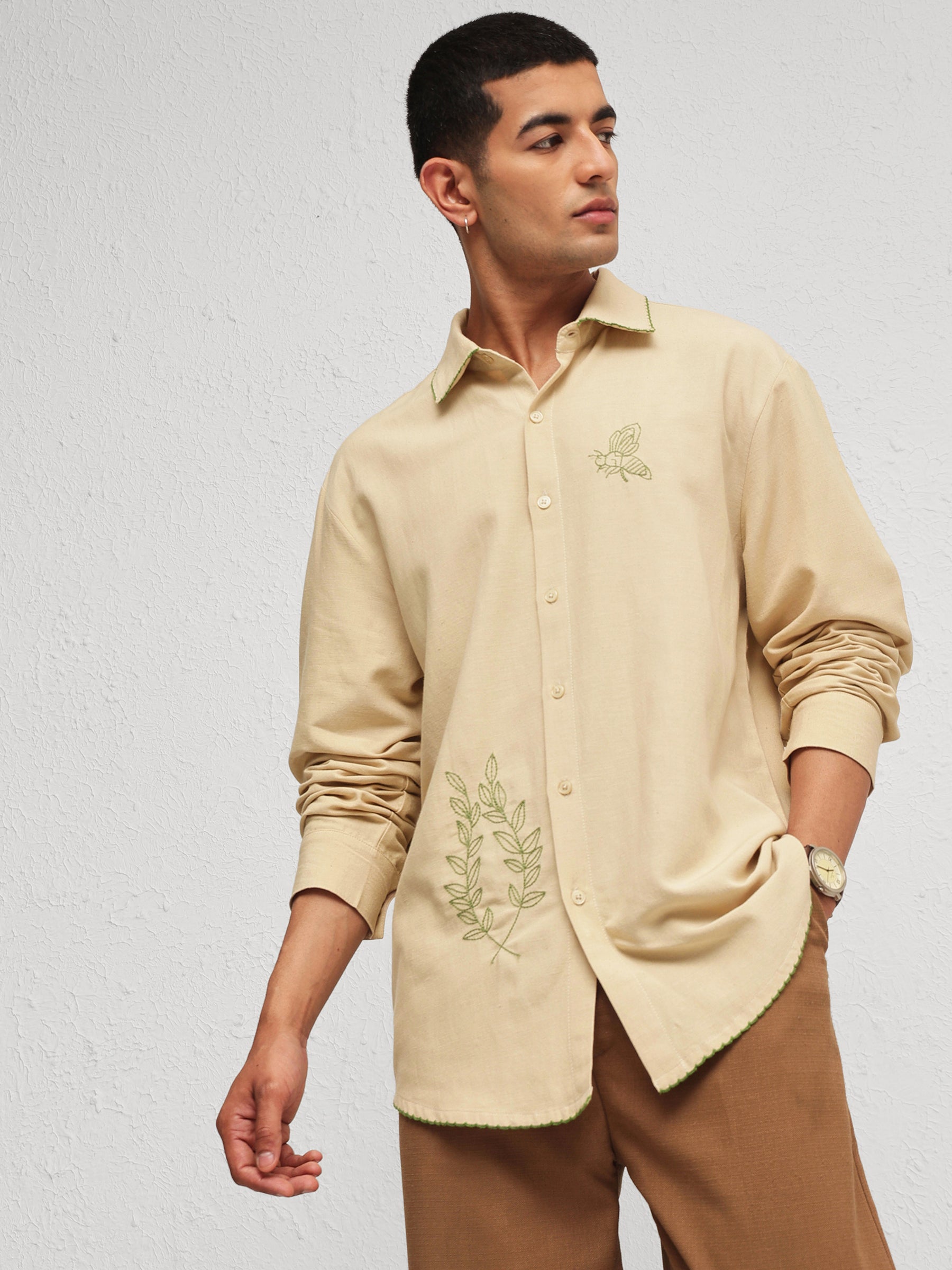 Beige Linen BUG Embroidery Relax Fit Full Sleeve Shirt-MASCLN SASSAFRAS