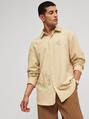 Beige Linen BUG Embroidery Relax Fit Full Sleeve Shirt-MASCLN SASSAFRAS