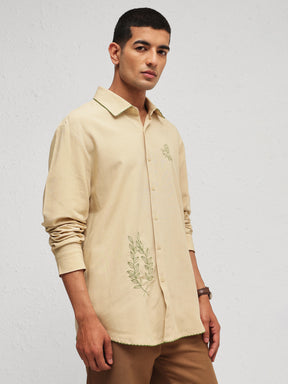 Beige Linen BUG Embroidery Relax Fit Full Sleeve Shirt-MASCLN SASSAFRAS