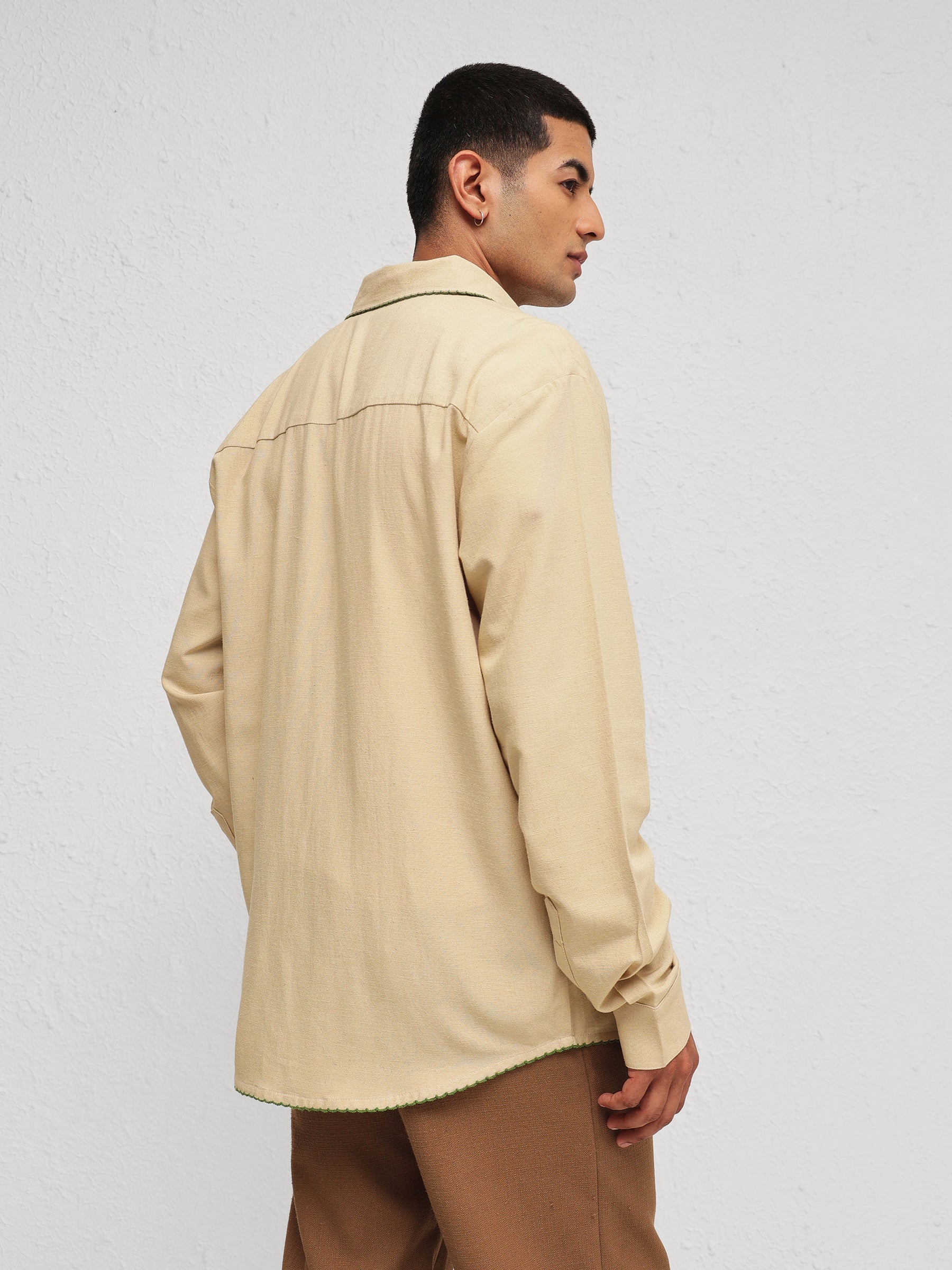 Beige Linen BUG Embroidery Relax Fit Full Sleeve Shirt-MASCLN SASSAFRAS