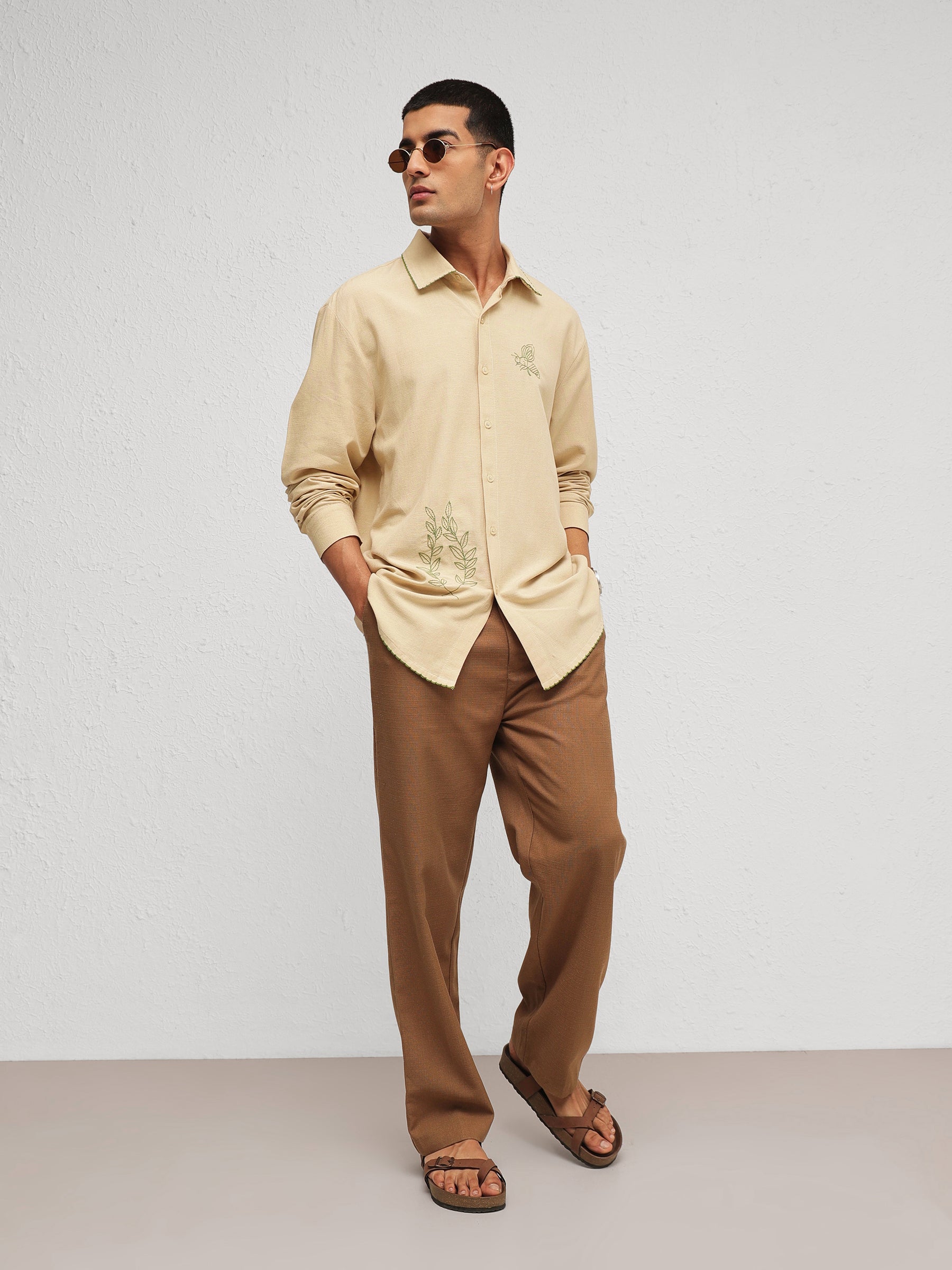 Men Beige Linen BUG Embroidery Relax Fit Full Sleeve Shirt