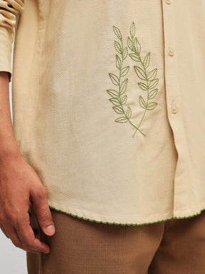 Men Beige Linen BUG Embroidery Relax Fit Full Sleeve Shirt