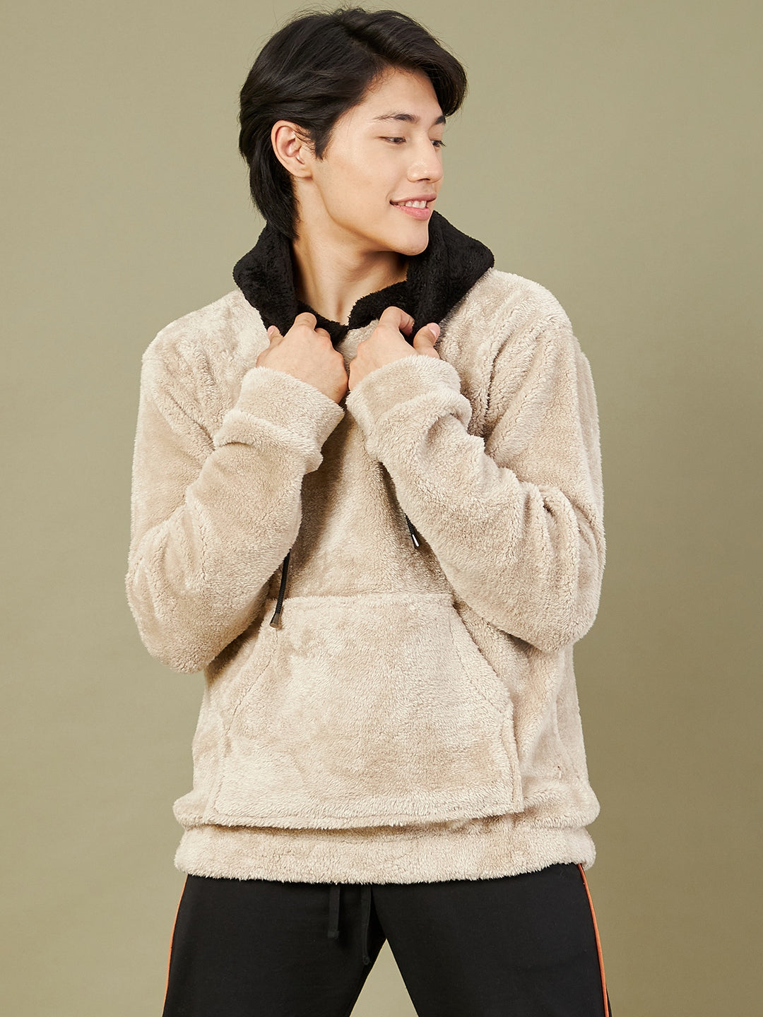 Light Grey Fur Colorblock Hoodie-MASCLN