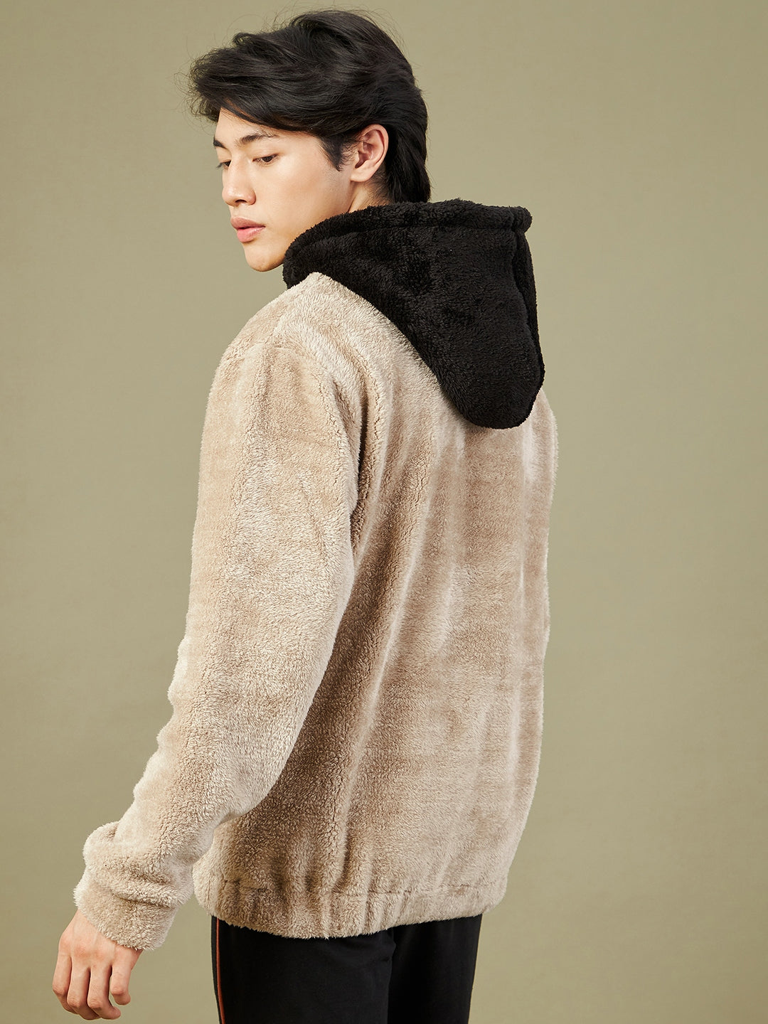 Light Grey Fur Colorblock Hoodie-MASCLN