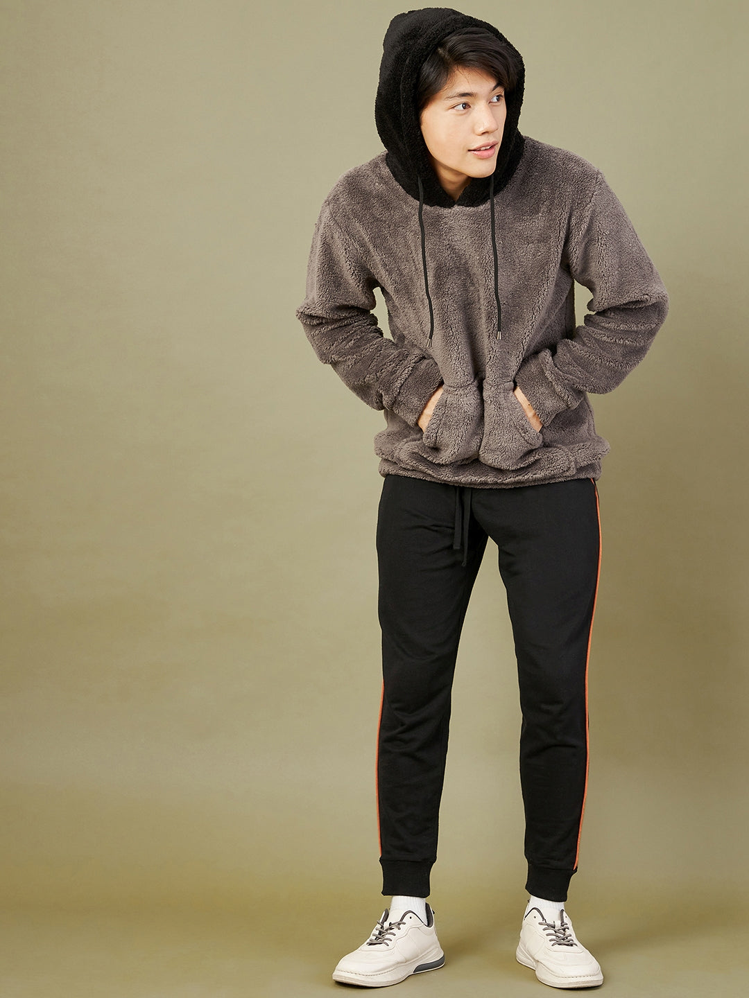 Charcoal Grey Fur Colorblock Hoodie-MASCLN