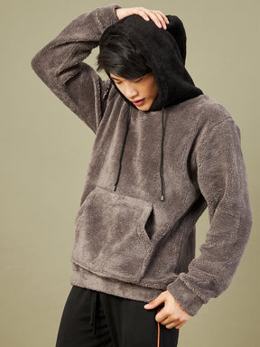 Charcoal Grey Fur Colorblock Hoodie-MASCLN