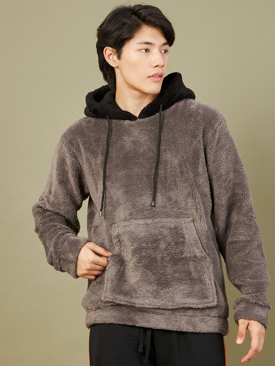 Men Charcoal Grey Fur Colorblock Hoodie - Main Image